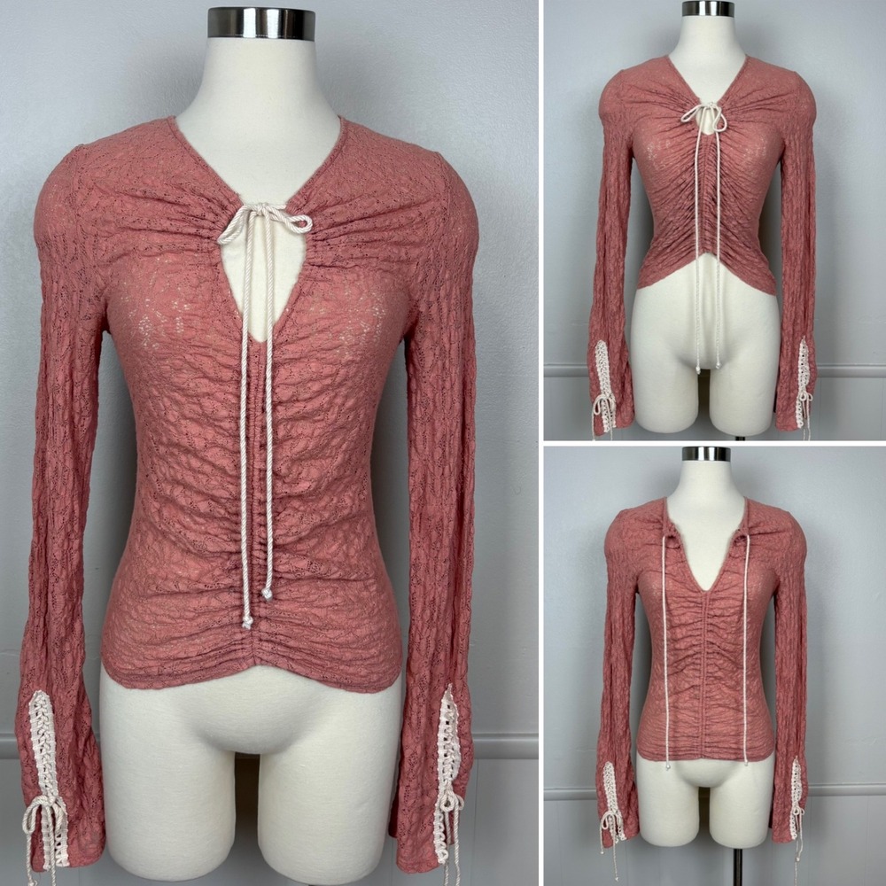 Free People Lilah Top Size S Coral Crush Blush Lace Mesh Ruched Romantic Fairy